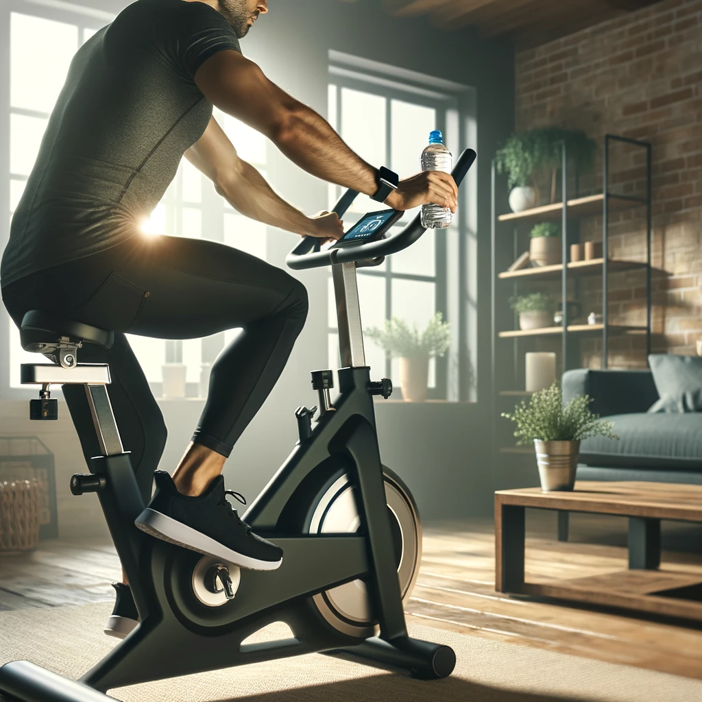 Kuntoilija polkemassa kuntopyörää kotona