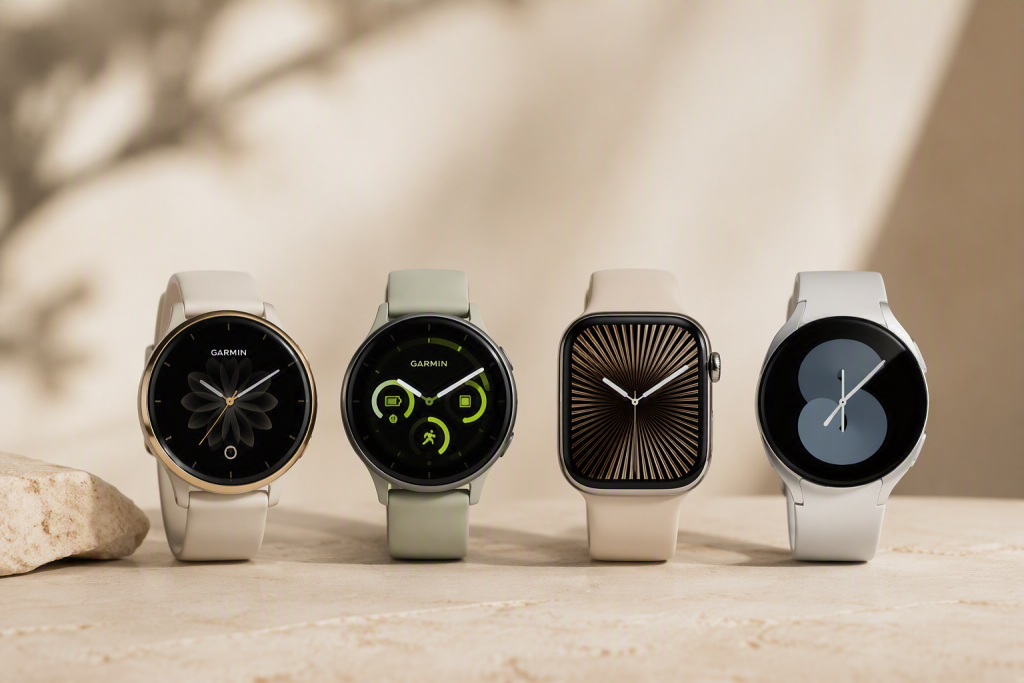 paras älykello hyvinvointiisi -artikkelin pääkuva, neljä realistista älykelloa rinnakkain lämpimällä taustalla (Garmin Venu 4, Garmin Vivoactive 6, Apple Watch Series 11 ja Galaxy Watch8