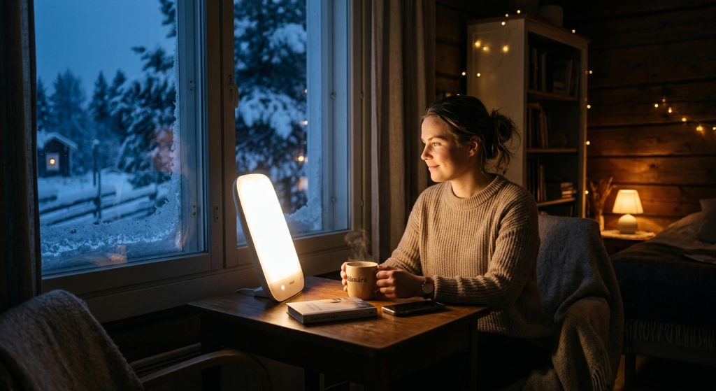 Tunnelmallinen talvinen aamukuva, jossa kirkasvalolamppu on päällä. Ei enää tuotteen tekninen kuva, vaan “näin sitä käytetään oikeassa elämässä”.