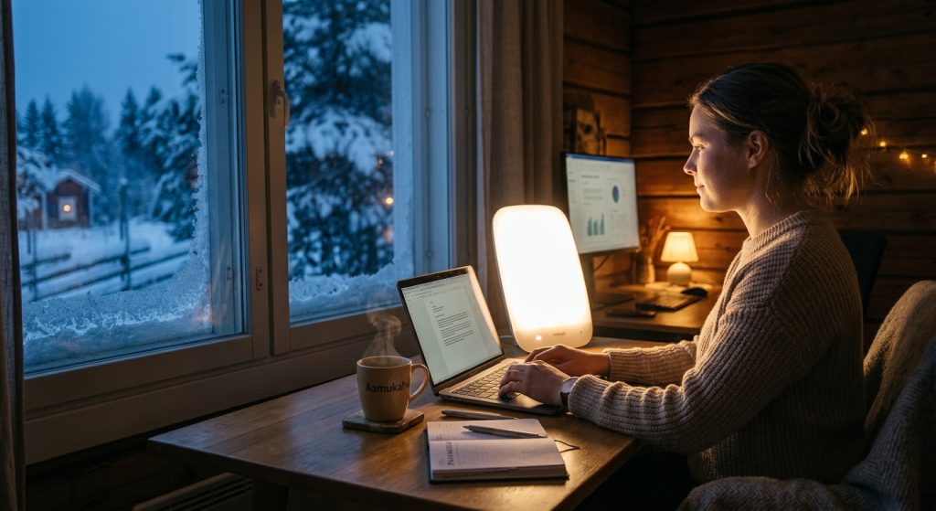 kuva kirkasvalolampusta työpöydällä talvisena aamuna